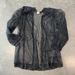 Vintage Y2K 90's Full Micro Sheer Lace Black Lingerie Slip Blouse Longsleeve M